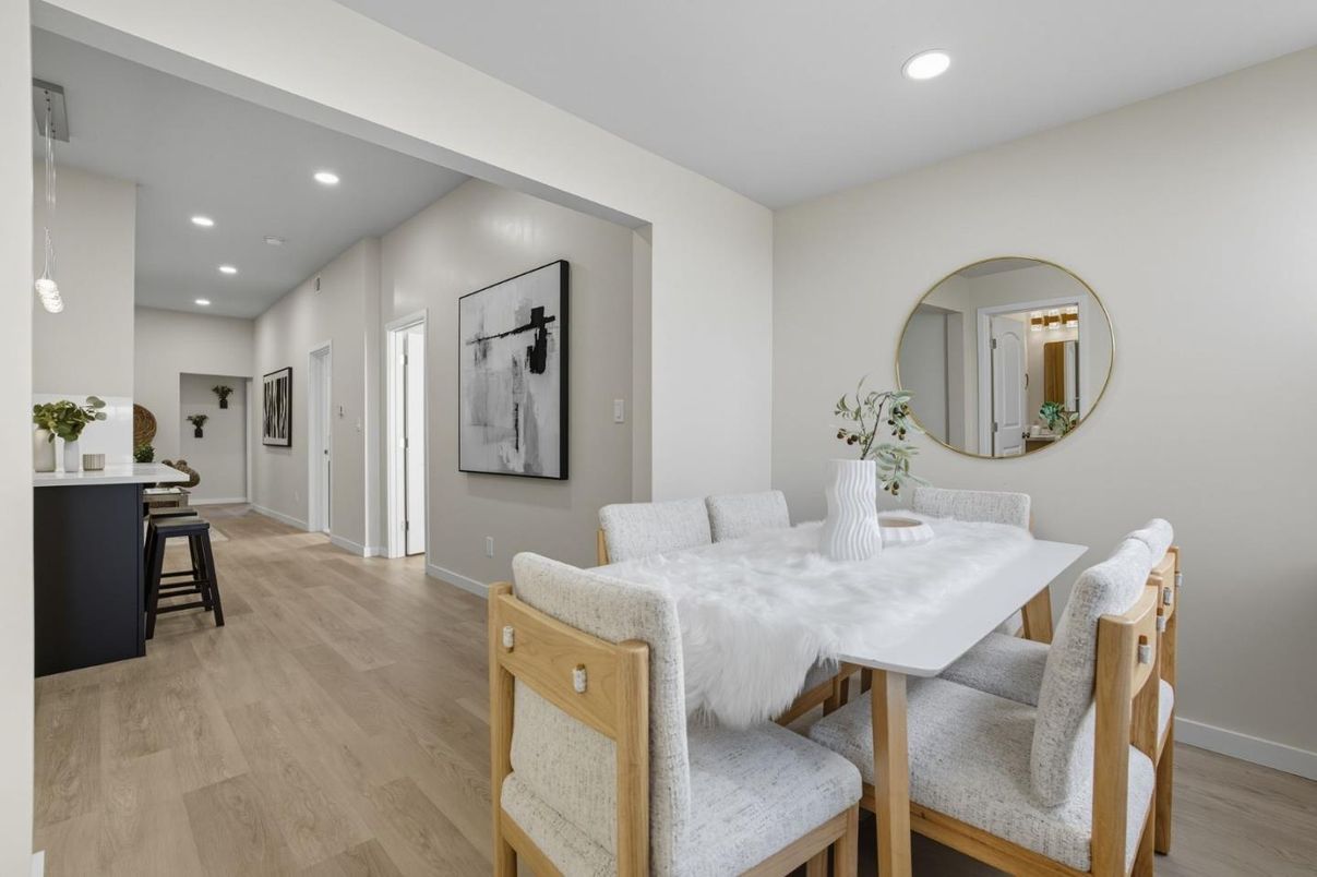 Dining room, Interior, Pendant Lights, Recessed Lighting, Wood Texture Flooring