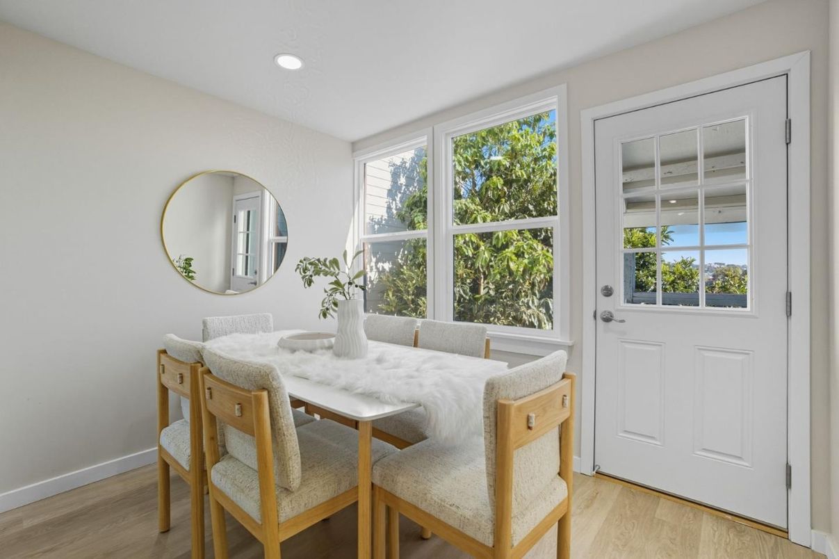 Dining room, Interior, Recessed Lighting, Wood Texture Flooring