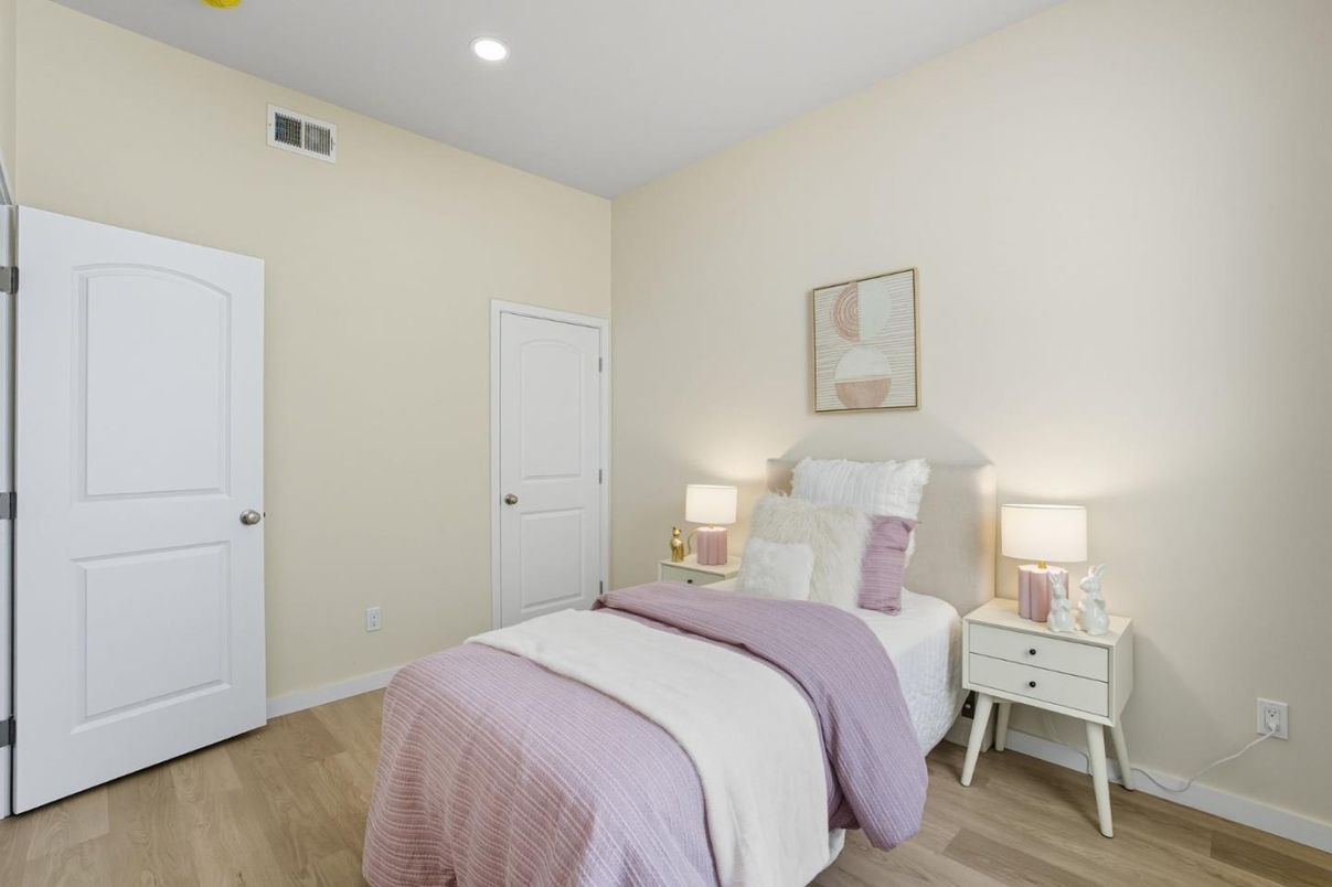 Bedroom, Interior, Recessed Lighting, Wood Texture Flooring