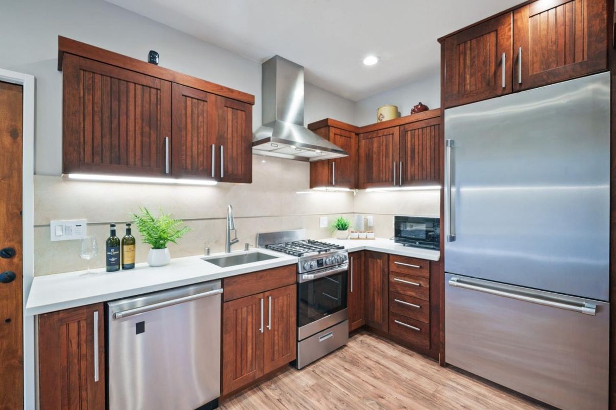 Interior, Kitchen, Recessed Lighting, Stainless Steel Appliances, Wood Texture Flooring