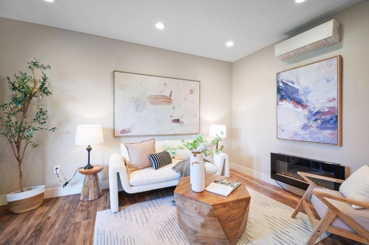 Fireplace, Interior, Living room, Recessed Lighting, Wood Texture Flooring