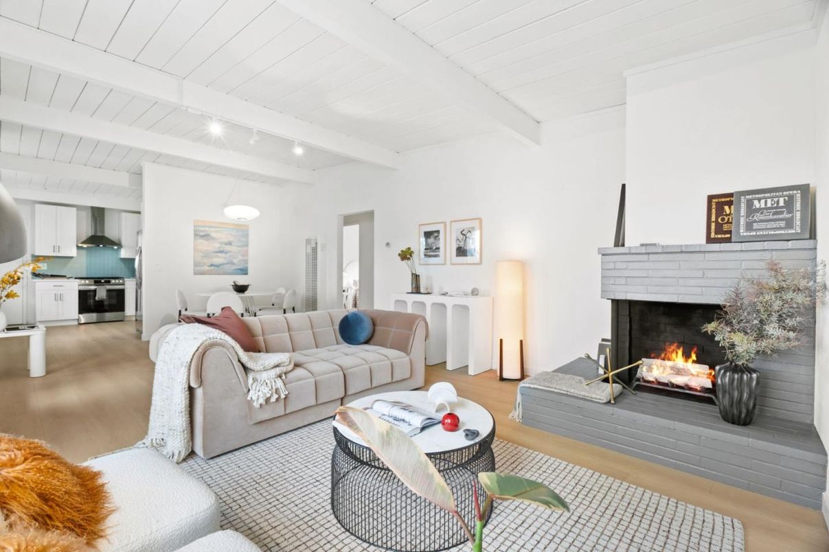 Fireplace, Interior, Kitchen, Living room, Pendant Lights, Wood Texture Flooring