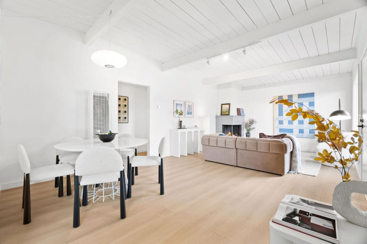 Dining room, Fireplace, Interior, Living room, Pendant Lights, Wood Texture Flooring