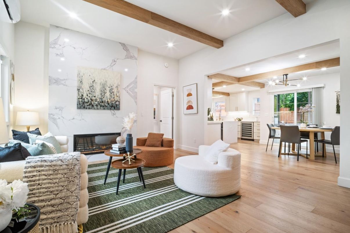 Dining room, Fireplace, Interior, Kitchen, Living room, Recessed Lighting, Wooden Beams, Wood Texture Flooring