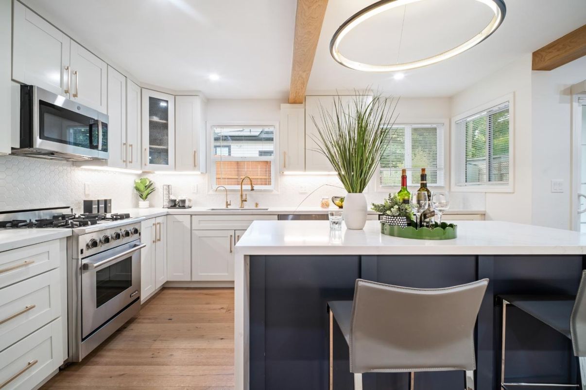 Interior, Kitchen, Pendant Lights, Recessed Lighting, Stainless Steel Appliances, Wooden Beams, Wood Texture Flooring