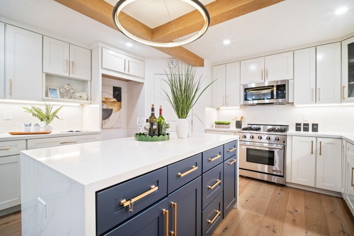 Interior, Kitchen, Pendant Lights, Recessed Lighting, Stainless Steel Appliances, Wooden Beams, Wood Texture Flooring