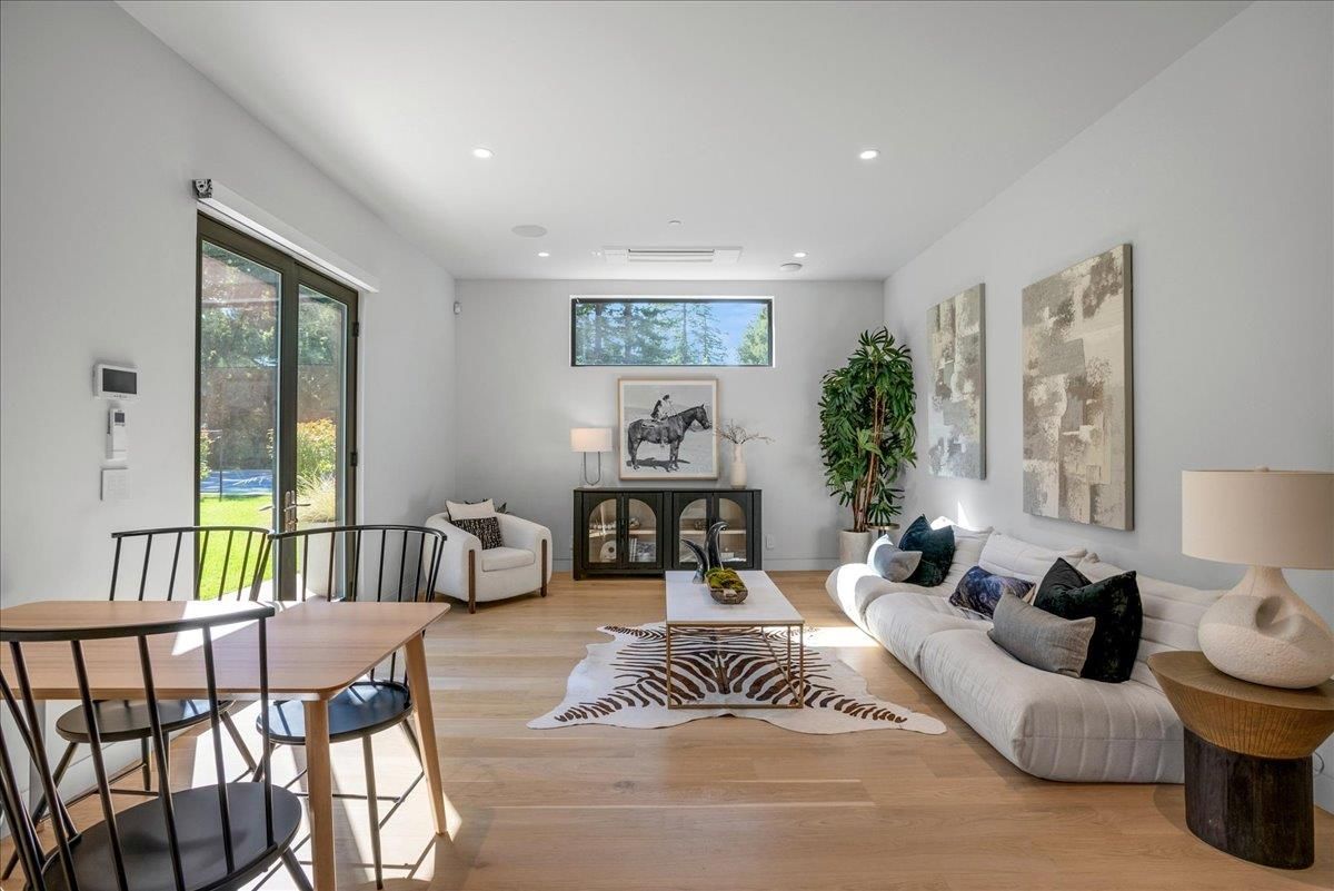 Dining room, Interior, Living room, Recessed Lighting, Wood Texture Flooring