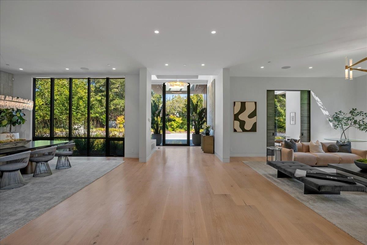 Dining room, Interior, Living room, Pendant Lights, Recessed Lighting, Wood Texture Flooring