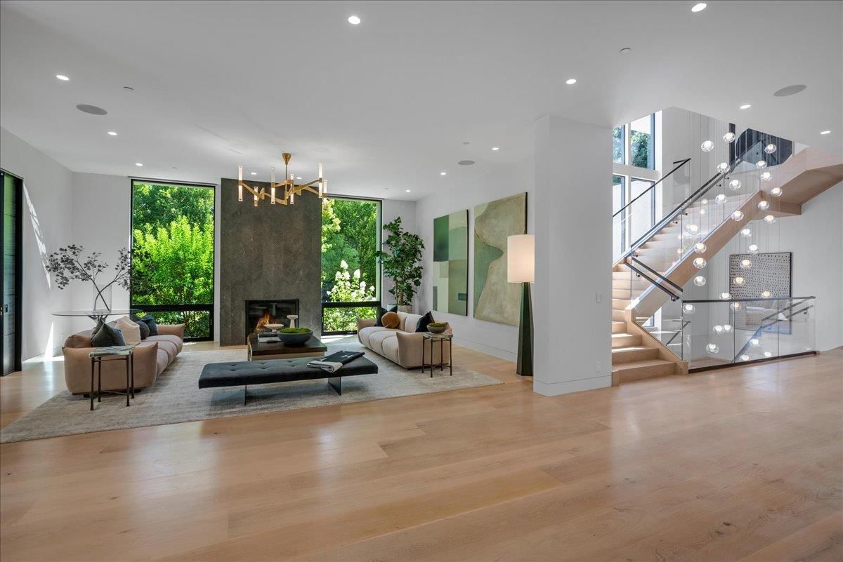 Fireplace, Interior, Living room, Pendant Lights, Recessed Lighting, Wood Texture Flooring