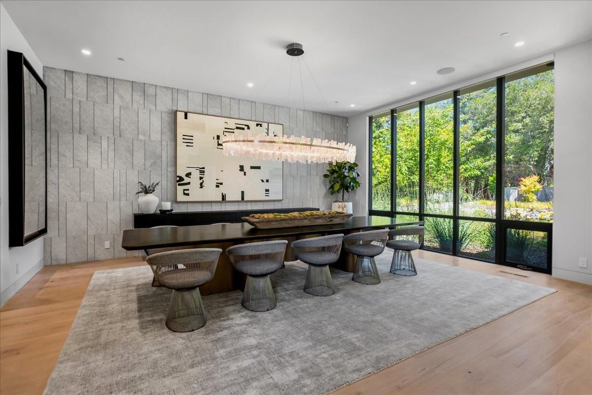 Dining room, Interior, Pendant Lights, Recessed Lighting, Wood Texture Flooring
