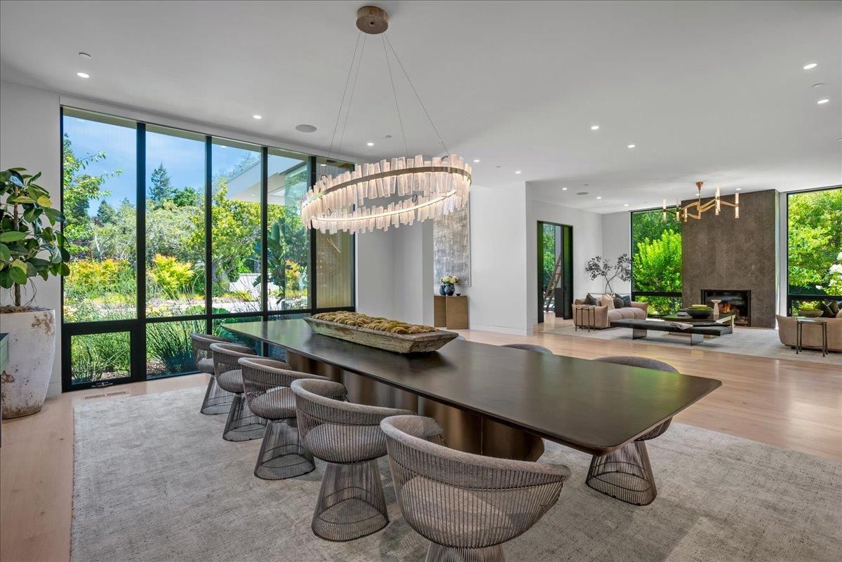 Chandelier, Fireplace, Interior, Living room, Pendant Lights, Recessed Lighting, Wood Texture Flooring