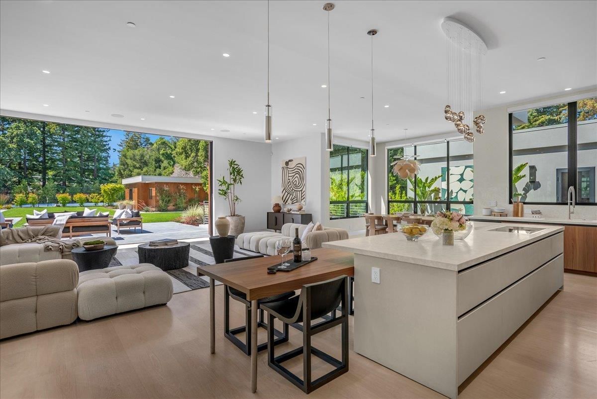 Dining room, Interior, Living room, Pendant Lights, Recessed Lighting, Wood Texture Flooring