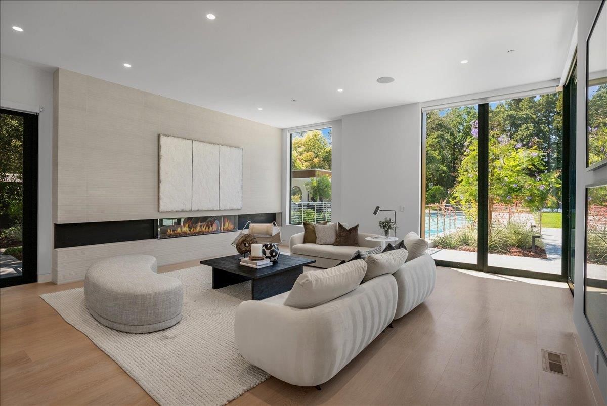 Fireplace, Interior, Living room, Recessed Lighting, Wood Texture Flooring