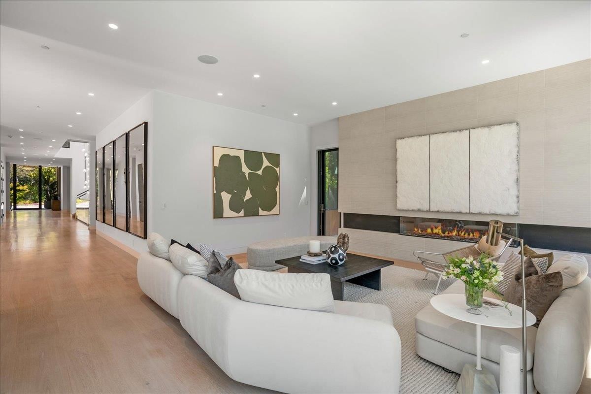 Fireplace, Interior, Living room, Recessed Lighting, Wood Texture Flooring