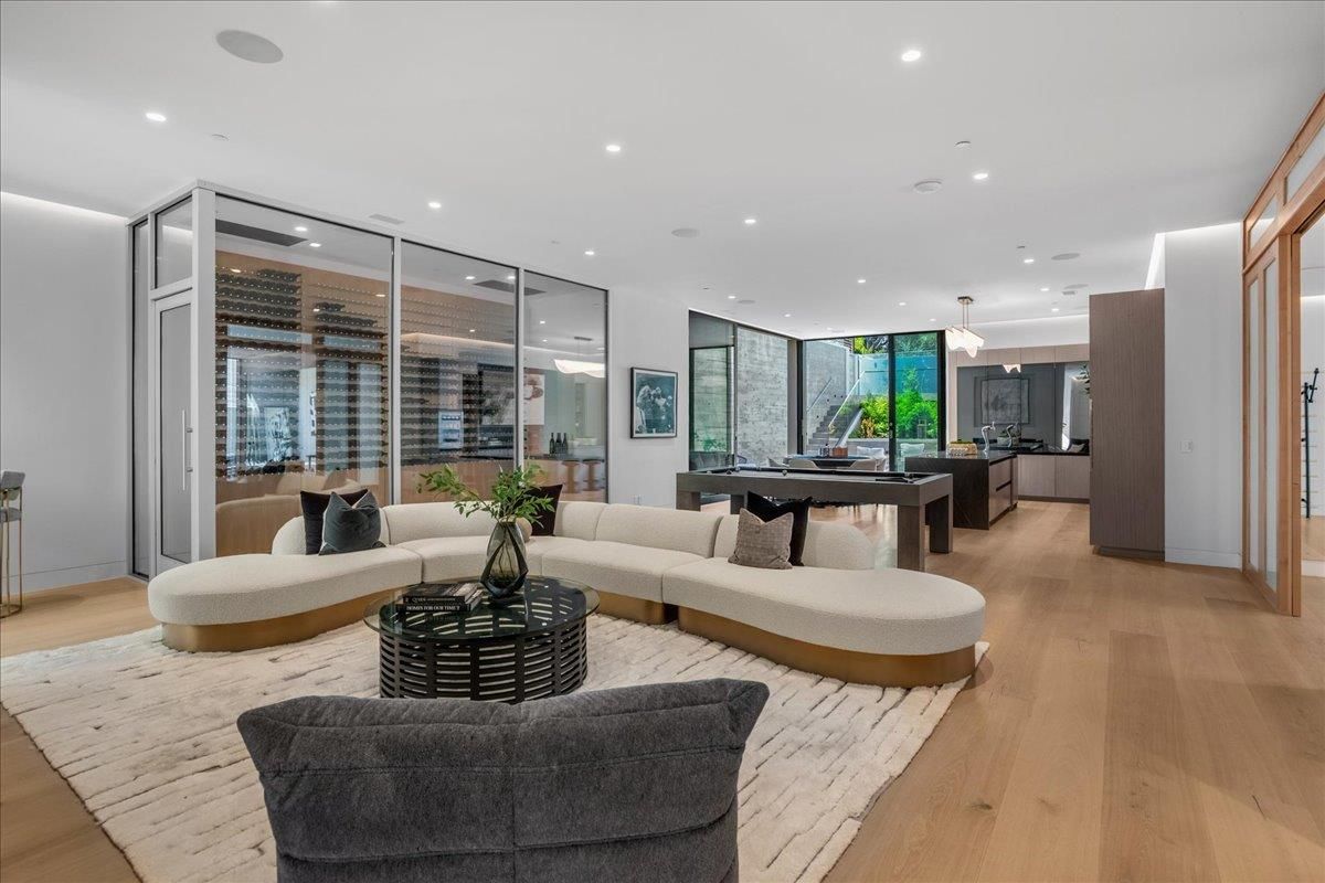 Billiard Table, Game Room, Interior, Living room, Pendant Lights, Recessed Lighting, Wood Texture Flooring