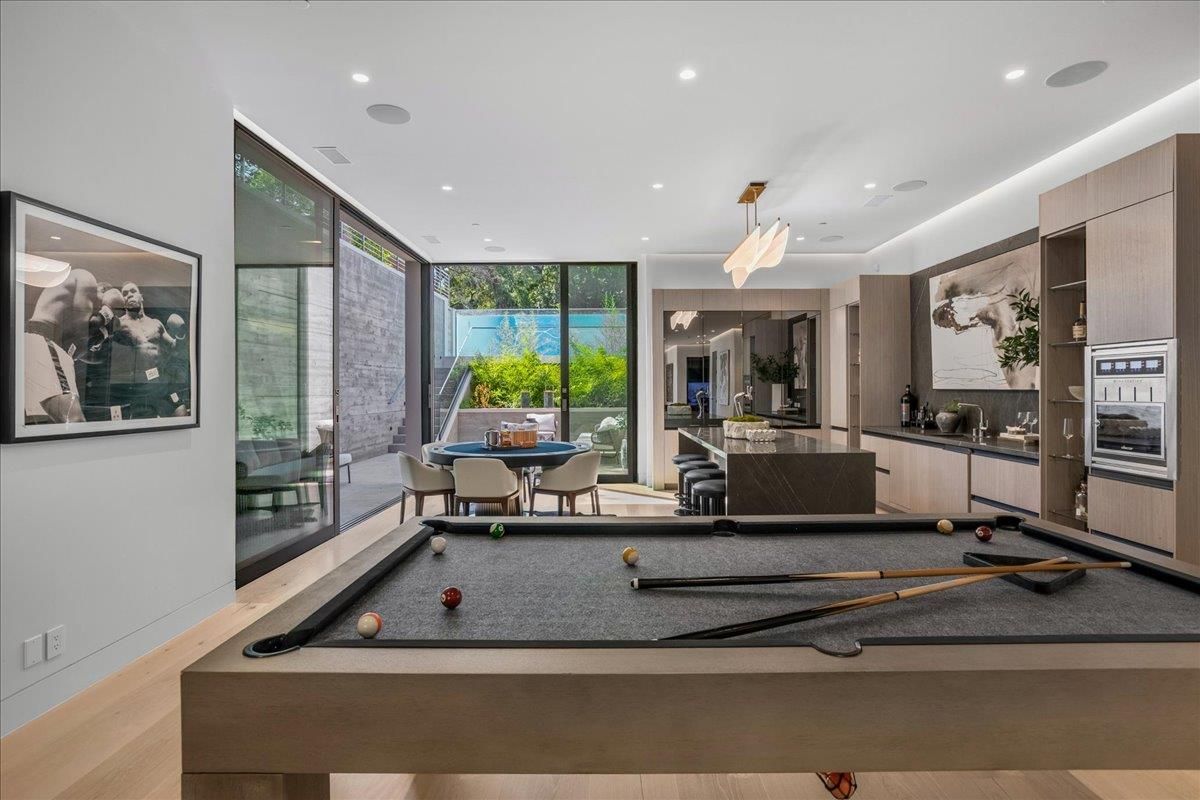 Billiard Table, Game Room, Interior, Pendant Lights, Recessed Lighting, Wood Texture Flooring