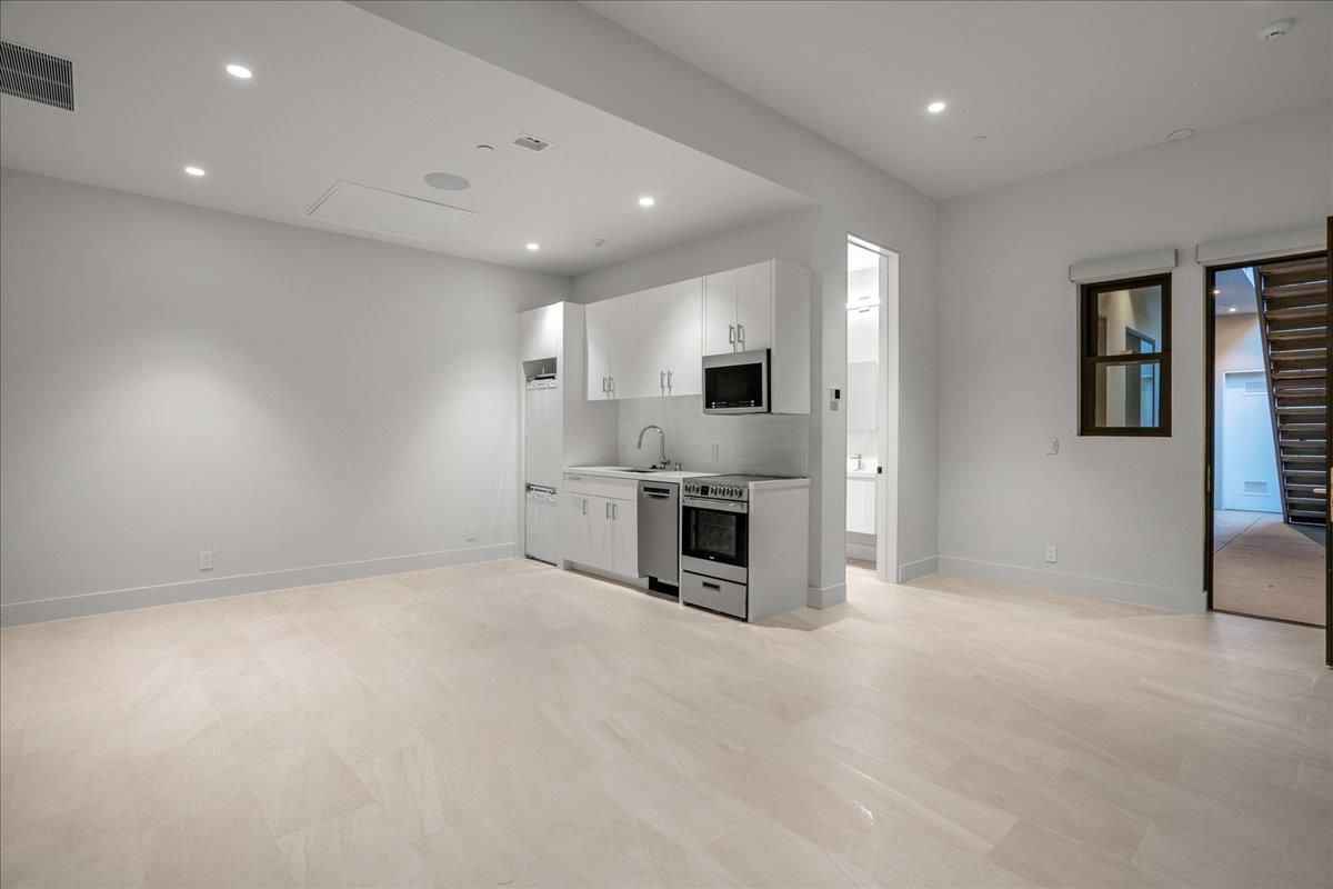 Empty room, Interior, Kitchen, Recessed Lighting, Stainless Steel Appliances