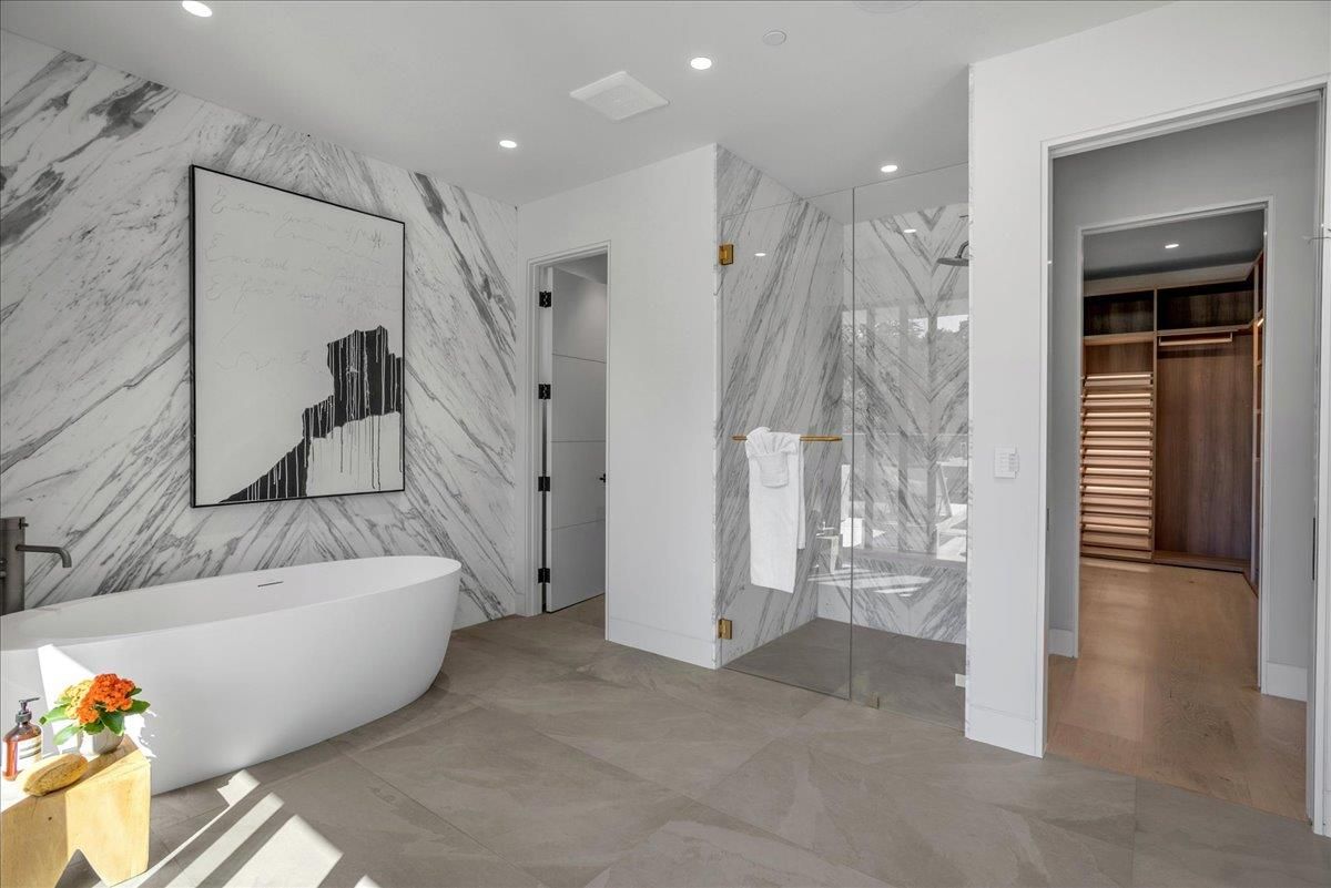 Bathroom, Free Standing Baths, Glass Shower, Interior, Marble, Marble Walls, Recessed Lighting