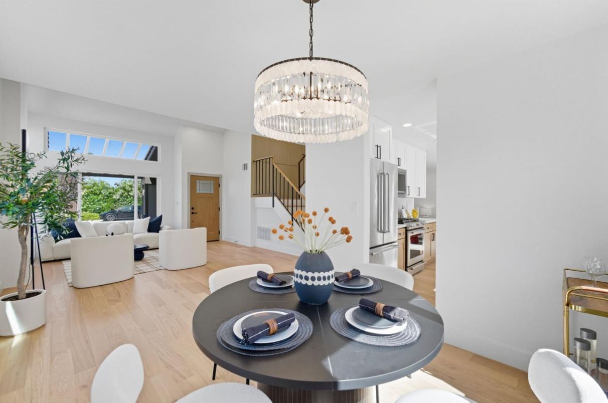Chandelier, Dining room, Interior, Kitchen, Living room, Recessed Lighting, Wood Texture Flooring