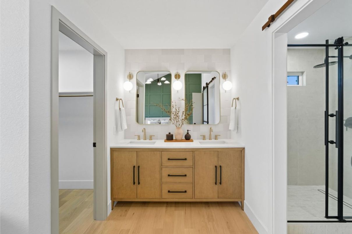 Bathroom, Dual Sink Vanities, Glass Shower, Interior, Recessed Lighting, Wood Texture Flooring
