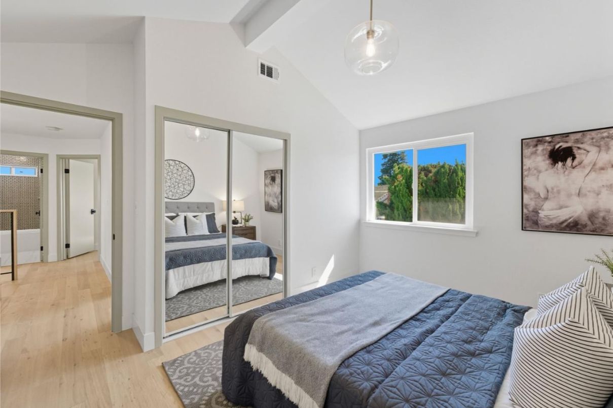 Bedroom, Interior, Pendant Lights, Wood Texture Flooring
