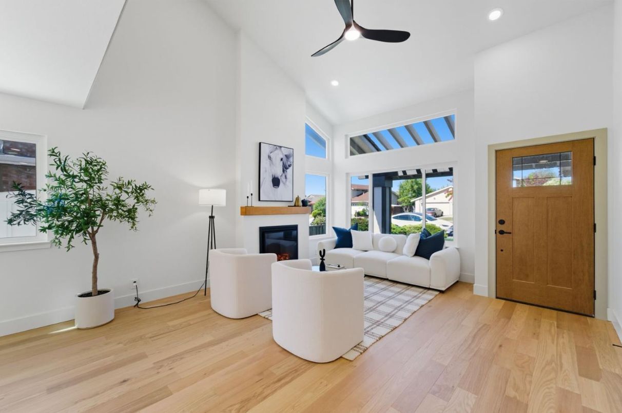 Fireplace, Interior, Living room, Recessed Lighting, Wood Texture Flooring