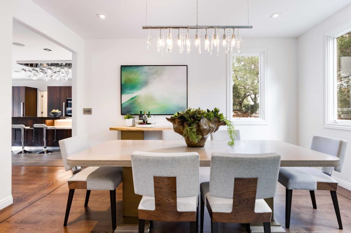 Dining room, Interior, Pendant Lights, Recessed Lighting, Wood Texture Flooring