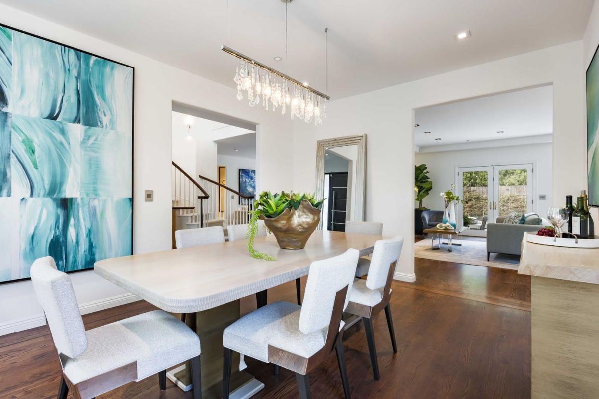 Dining room, Interior, Living room, Pendant Lights, Recessed Lighting, Wood Texture Flooring