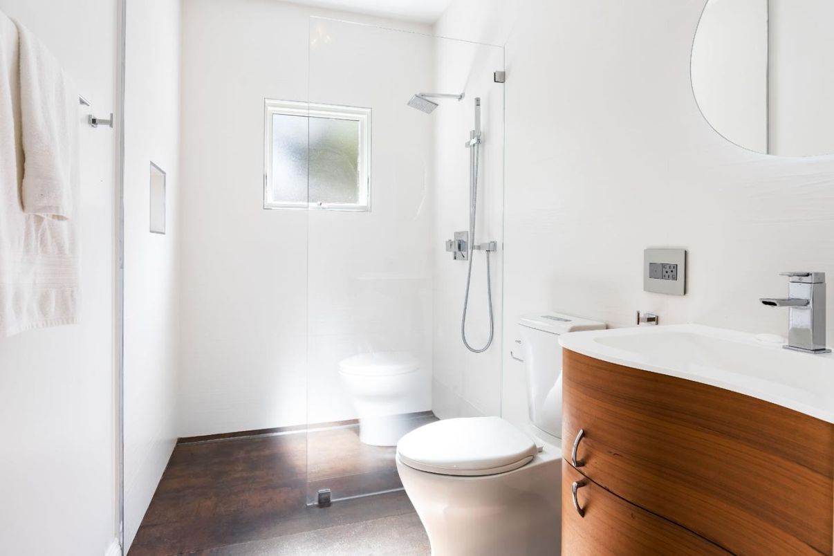 Bathroom, Glass Shower, Interior, Wood Texture Flooring