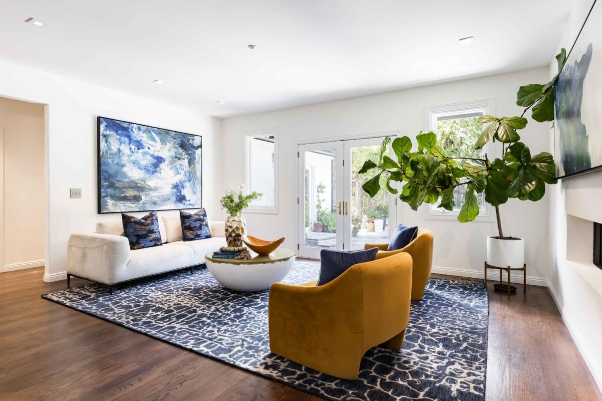 Fireplace, Interior, Living room, Recessed Lighting, Wood Texture Flooring