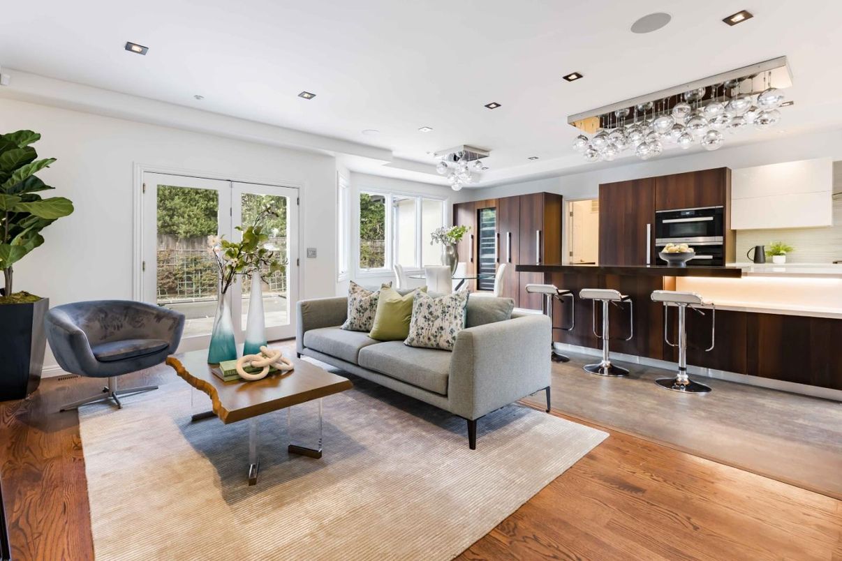 Interior, Kitchen, Living room, Recessed Lighting, Stainless Steel Appliances, Wood Texture Flooring