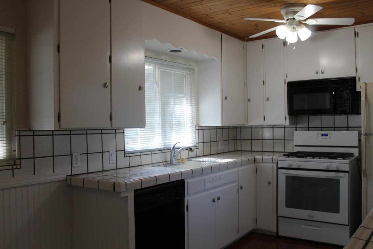 Interior, Kitchen, Tile Countertops, Wooden Ceilings