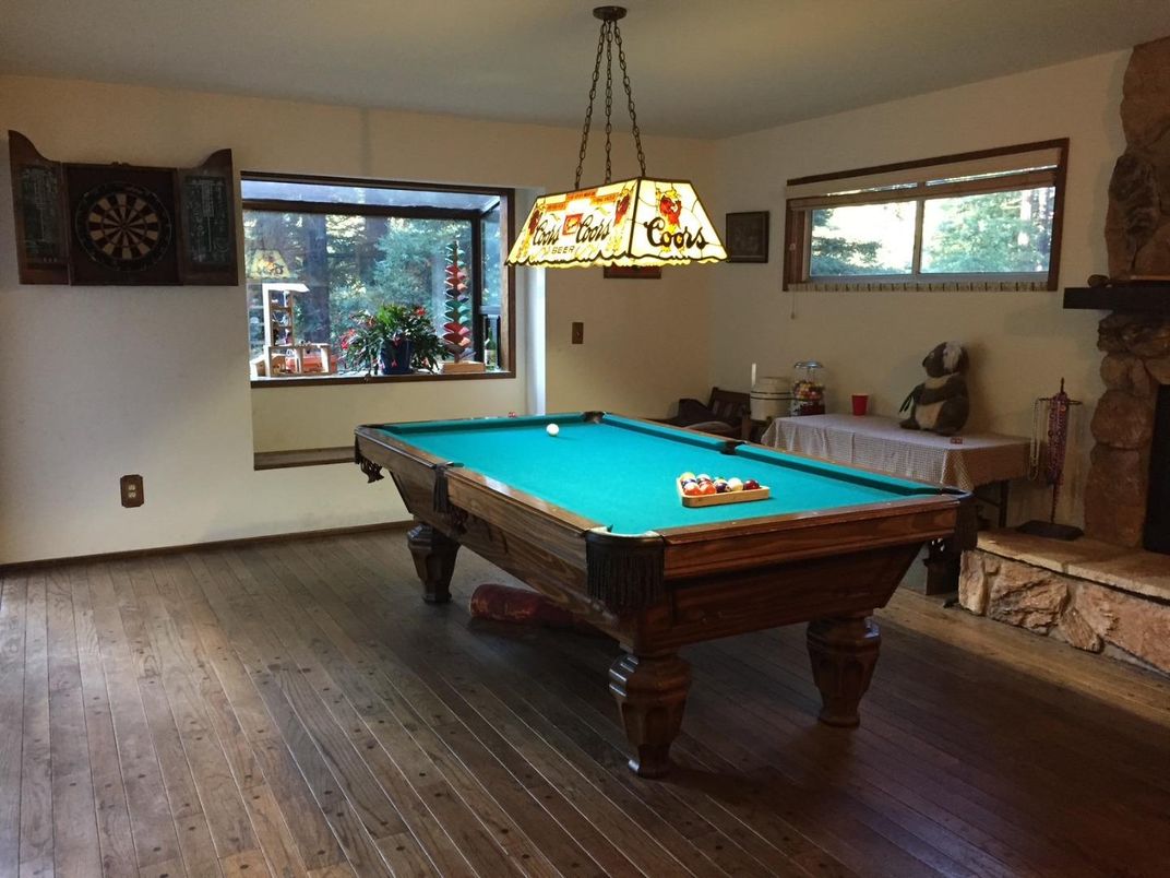 Billiard Table, Game Room, Interior, Pendant Lights, Wood Texture Flooring