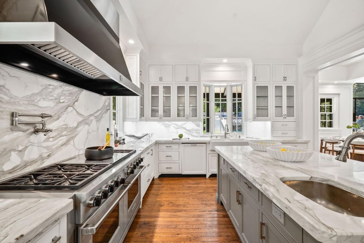 Interior, Kitchen, Marble Walls, Recessed Lighting, Wood Texture Flooring