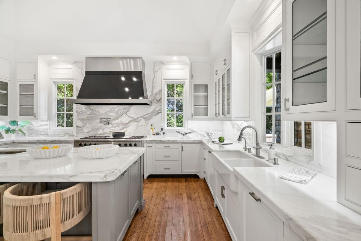 Interior, Kitchen, Marble Walls, Recessed Lighting, Wood Texture Flooring