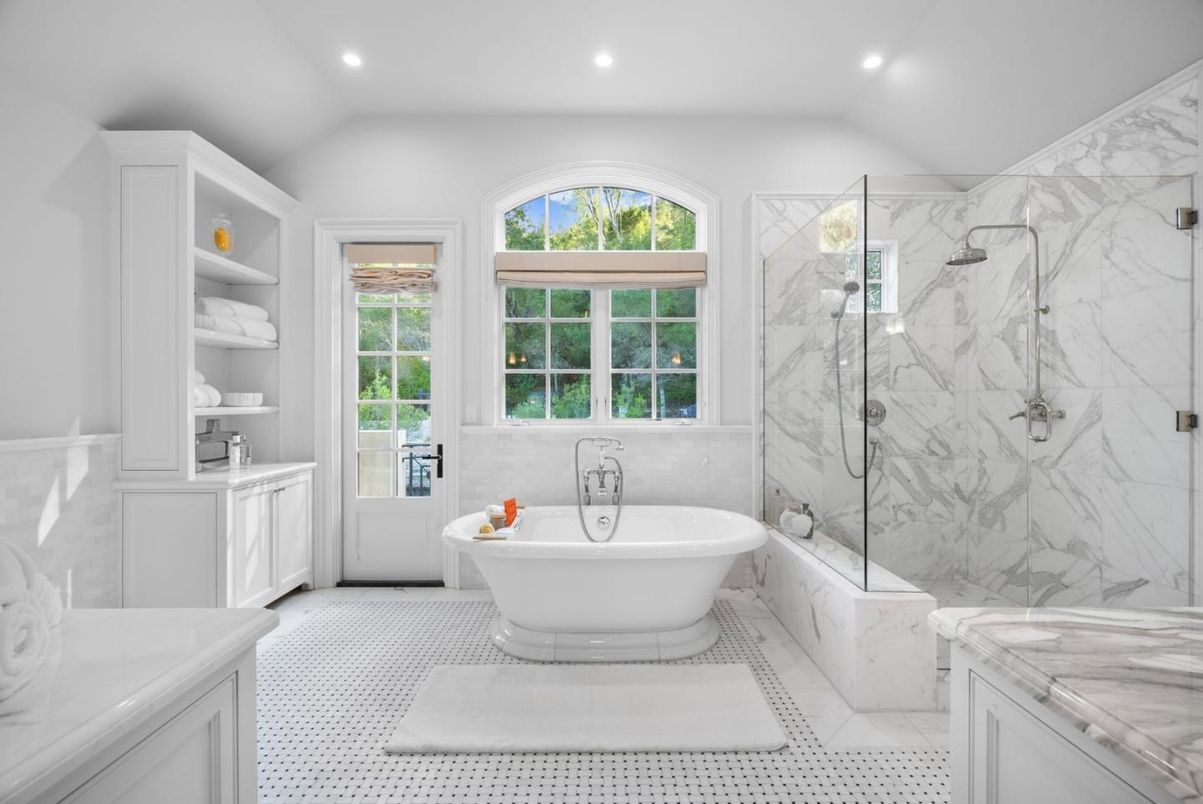 Bathroom, Free Standing Baths, Glass Shower, Interior, Marble Walls, Recessed Lighting