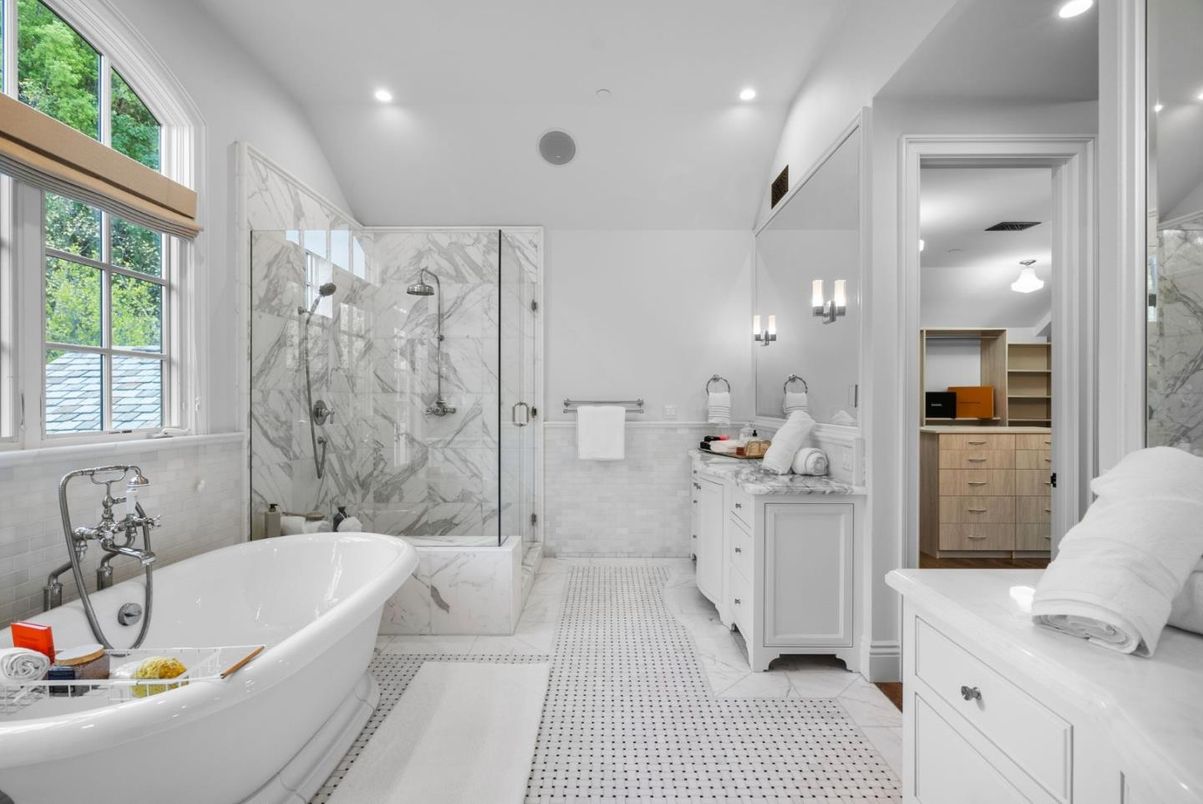 Bathroom, Free Standing Baths, Glass Shower, Interior, Marble, Marble Walls, Recessed Lighting