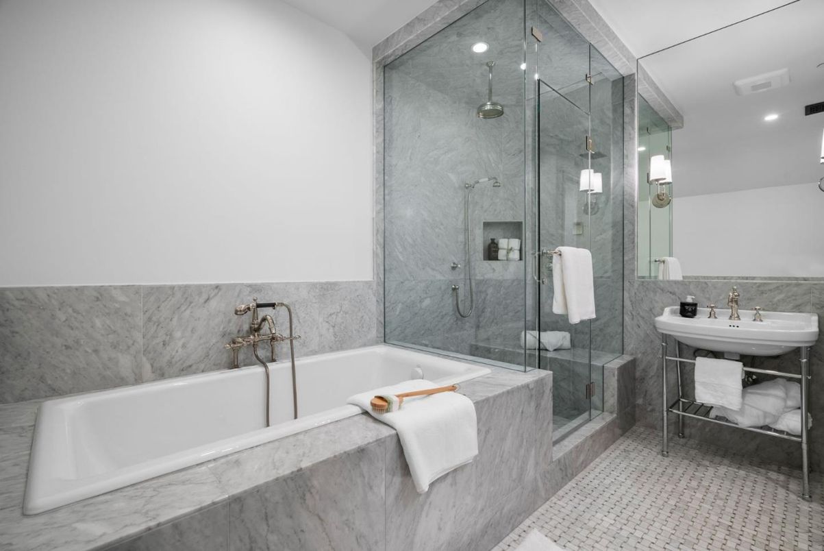 Bathroom, Glass Shower, Interior, Marble Walls, Recessed Lighting
