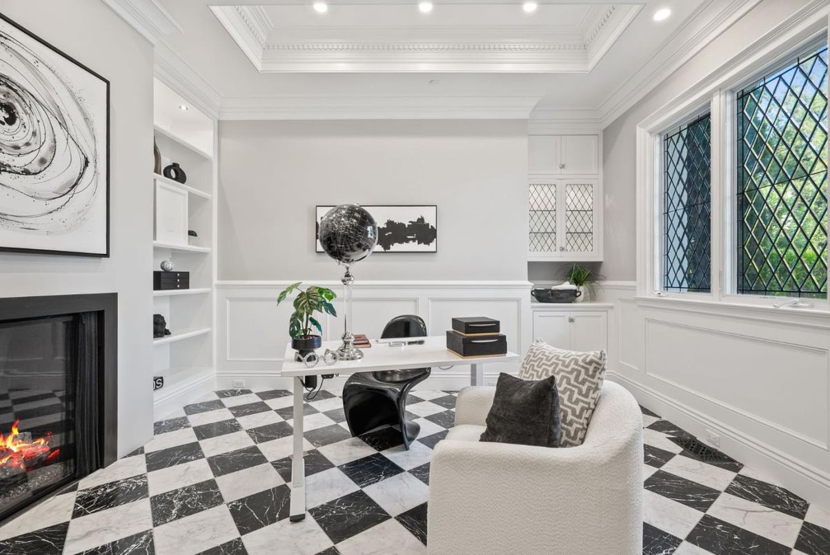 Fireplace, Home Office, Interior, Marble, Recessed Lighting