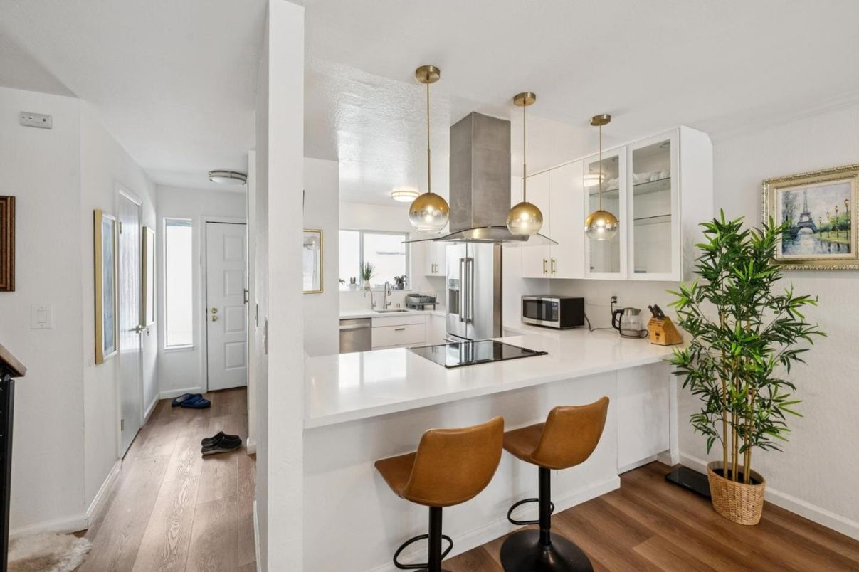 Interior, Kitchen, Pendant Lights, Stainless Steel Appliances, Wood Texture Flooring