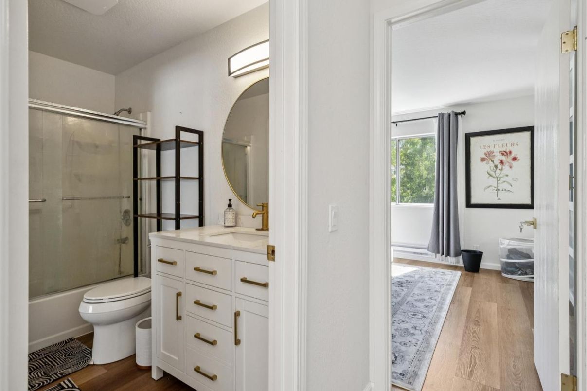 Bathroom, Glass Shower, Interior, Wood Texture Flooring