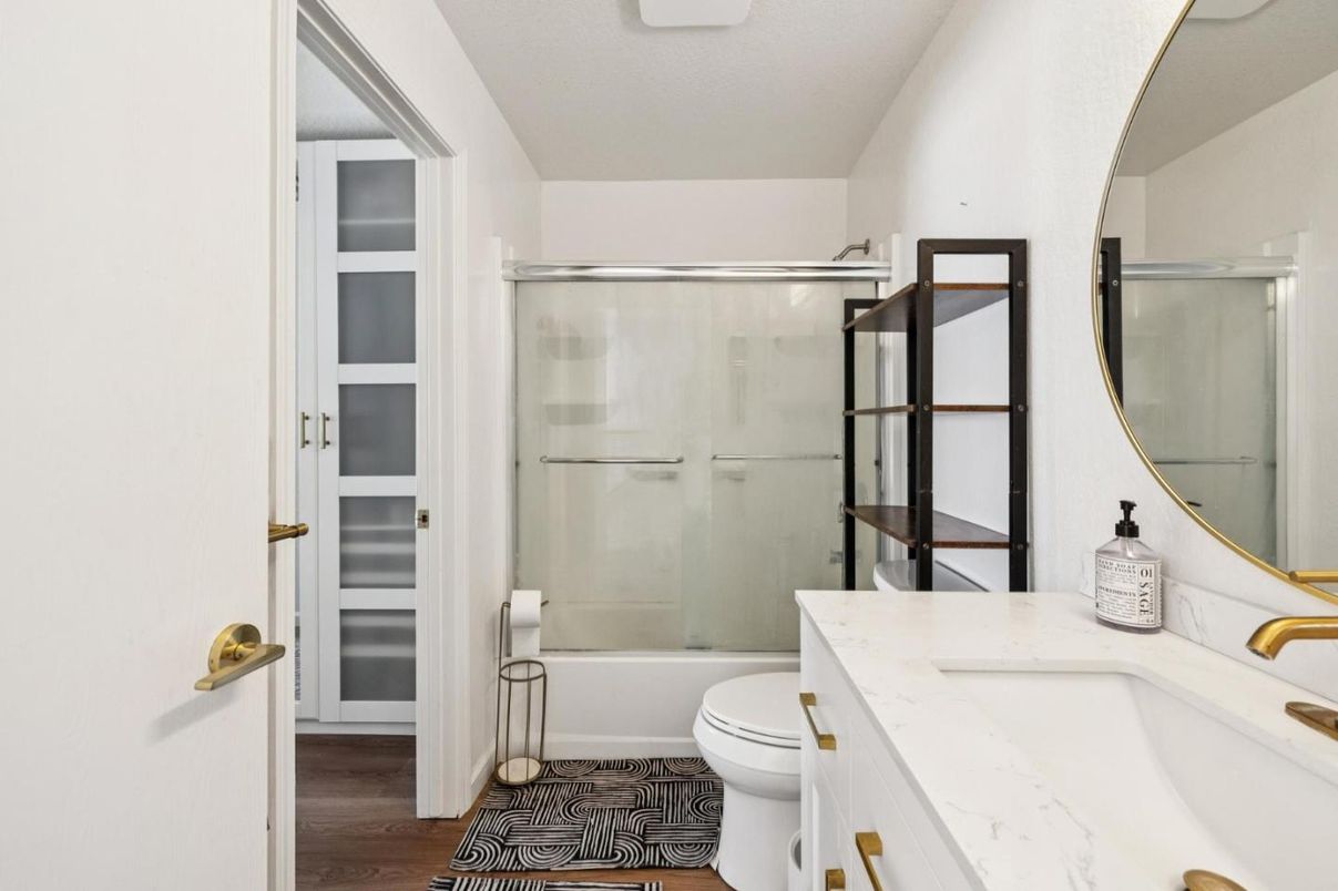 Bathroom, Glass Shower, Interior, Wood Texture Flooring
