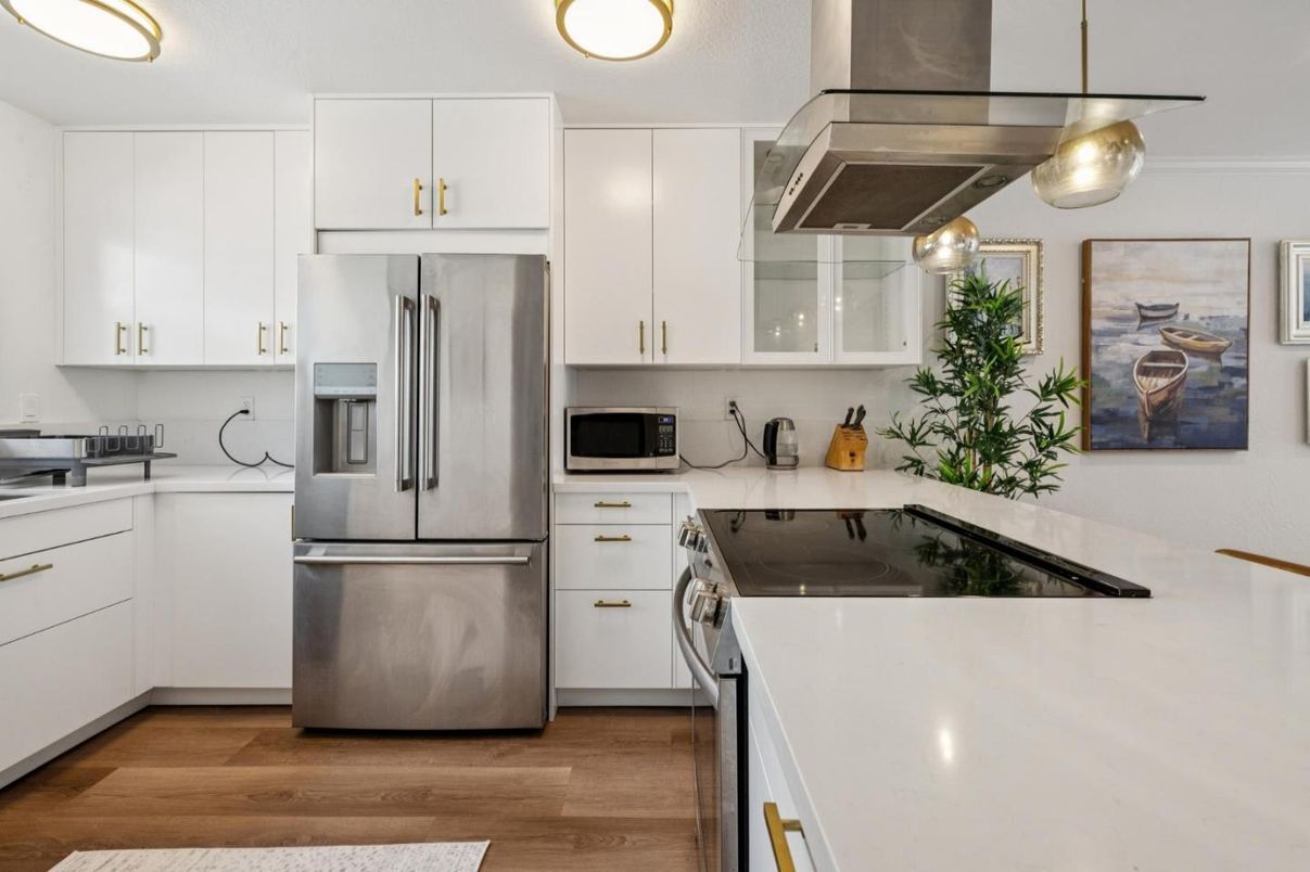 Interior, Kitchen, Pendant Lights, Stainless Steel Appliances, Wood Texture Flooring