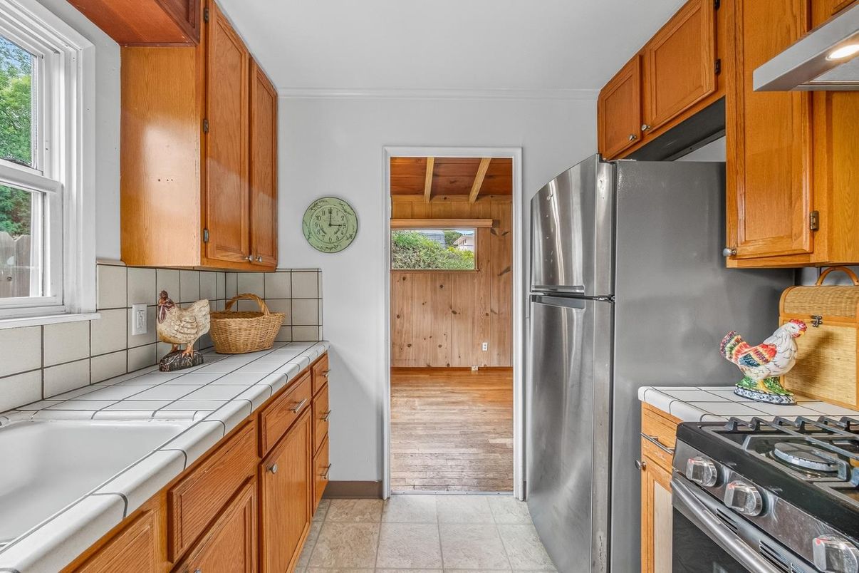 Interior, Kitchen, Tile Countertops, Wood Texture Flooring