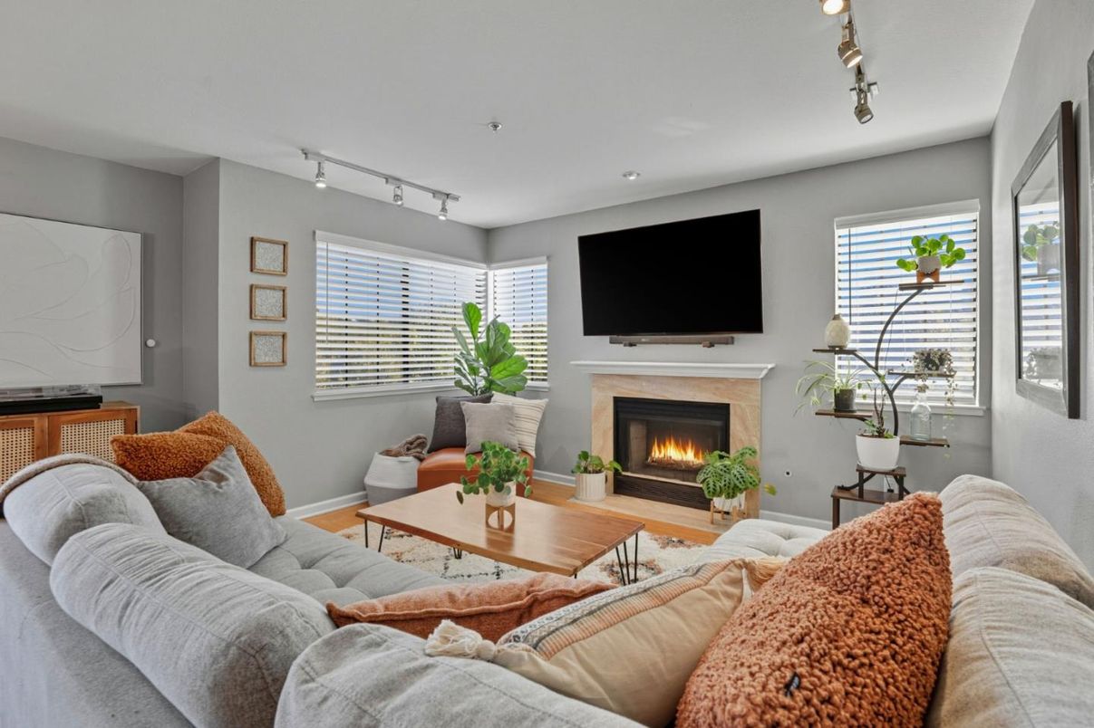 Fireplace, Interior, Living room, Recessed Lighting, Wood Texture Flooring