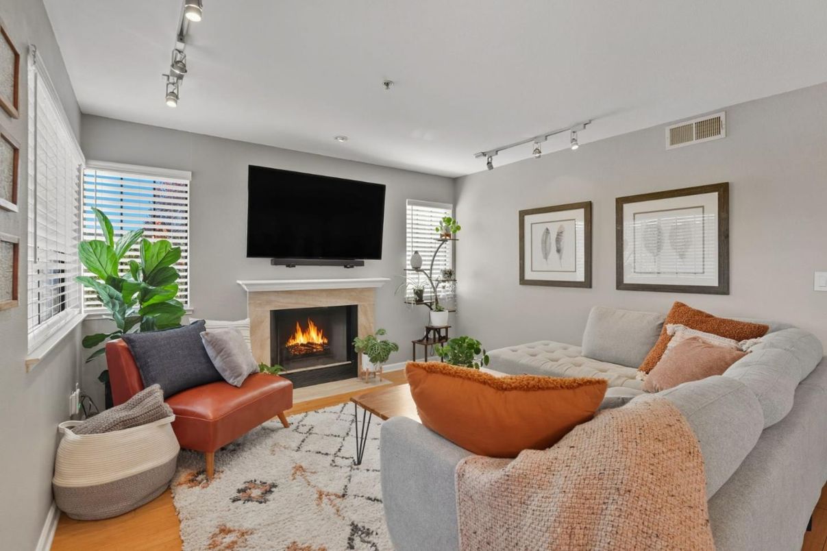 Fireplace, Interior, Living room, Recessed Lighting, Wood Texture Flooring