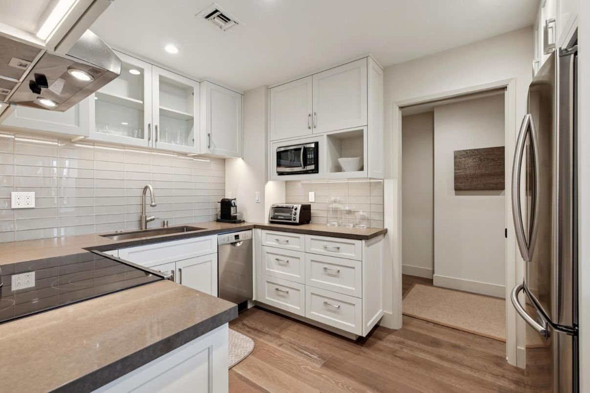 Interior, Kitchen, Recessed Lighting, Stainless Steel Appliances, Wood Texture Flooring