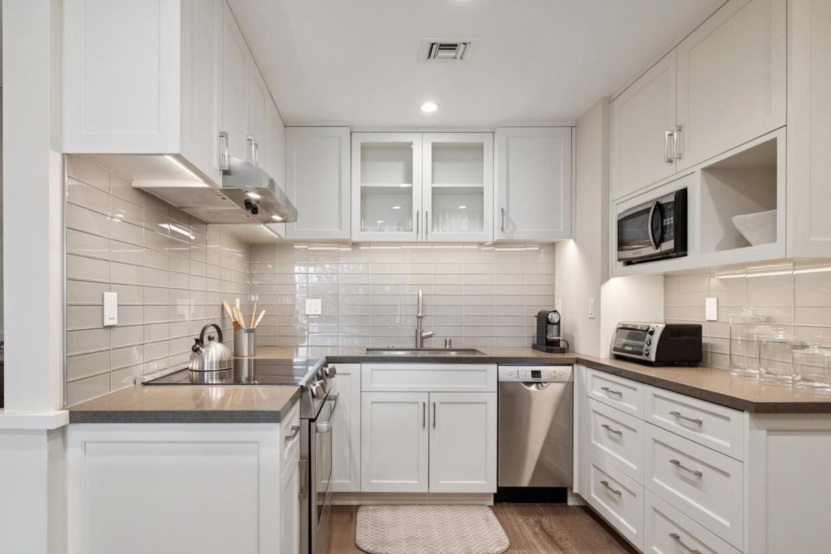 Interior, Kitchen, Recessed Lighting, Stainless Steel Appliances, Wood Texture Flooring