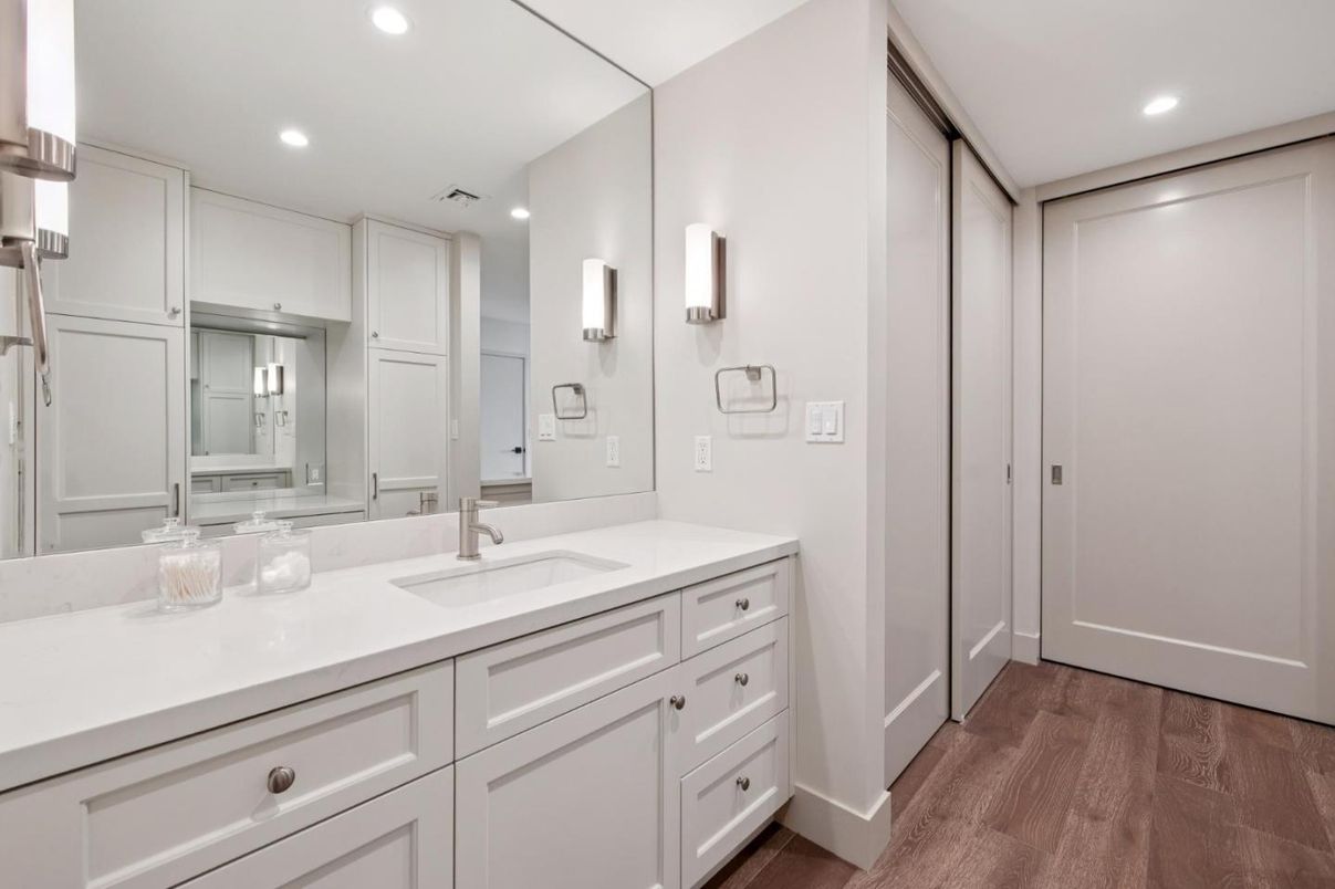 Bathroom, Dual Sink Vanities, Interior, Recessed Lighting, Wood Texture Flooring