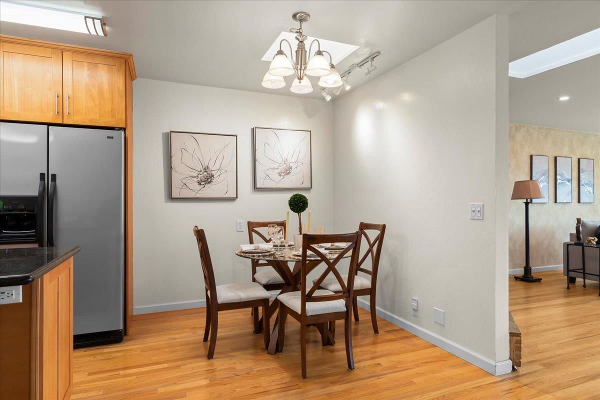Chandelier, Dining room, Interior, Recessed Lighting, Wood Texture Flooring